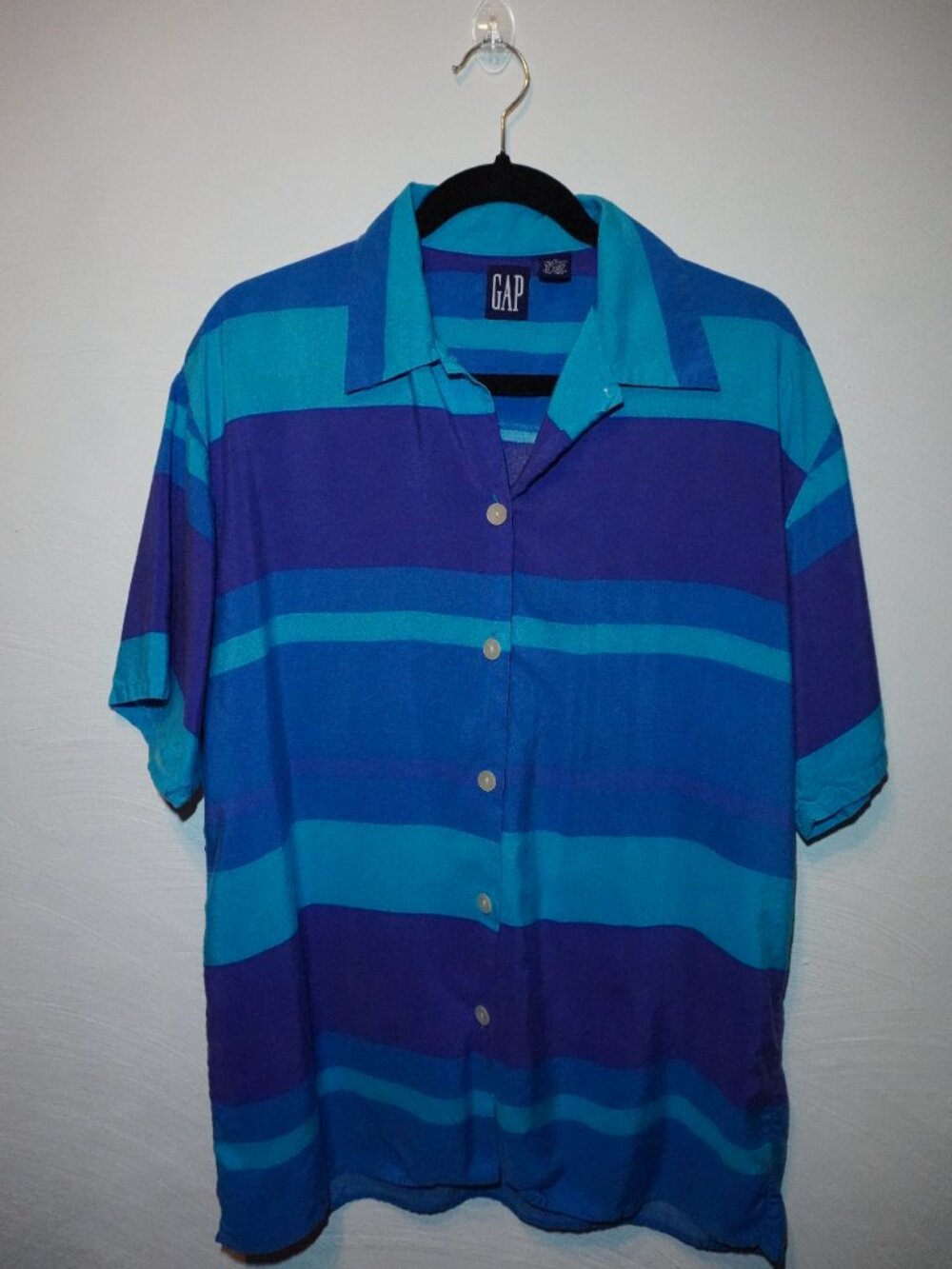 Gap Blue and Purple Color Blocks Button Down Short Sleeve Shirt Medium Striped